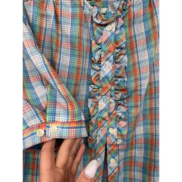 Vintage Shapely 80s Plaid Rainbow Ruffle 12 Blouse Farmer Garden Prairie Modest - Picture 3 of 7
